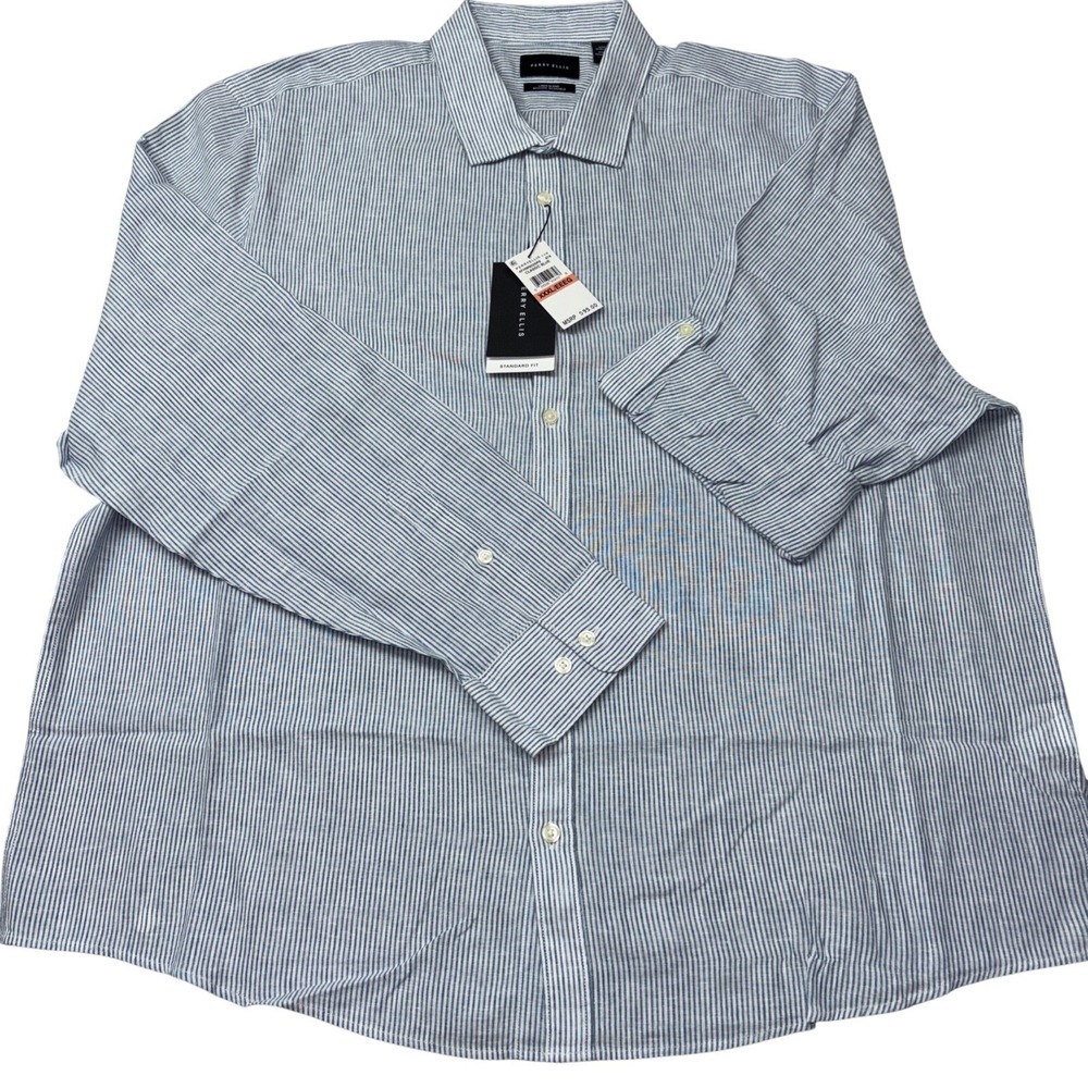 Perry Ellis Mens Linen Blend Blue Stripe Button Up Shirt 3 X-Large Standard NWT
